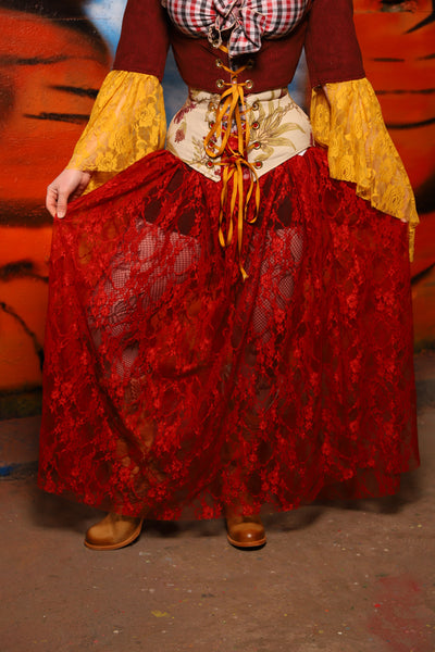 Tulip Skirt in Hot Sauce Red Stretch Lace - The Tumbleweed Collection