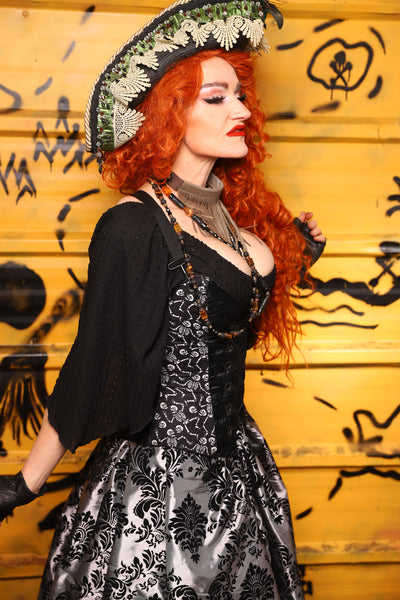Petite Crossfire Corset in Black Tendrils w/ Front Panels in Skeletons - The Parlay and Promenade Collection