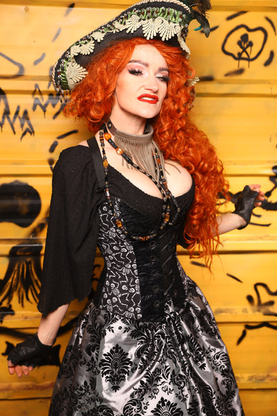 Petite Crossfire Corset in Black Tendrils w/ Front Panels in Skeletons - The Parlay and Promenade Collection