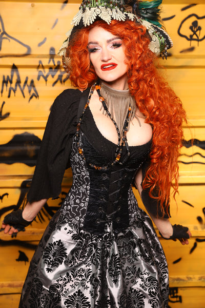 Petite Crossfire Corset in Black Tendrils w/ Front Panels in Skeletons - The Parlay and Promenade Collection