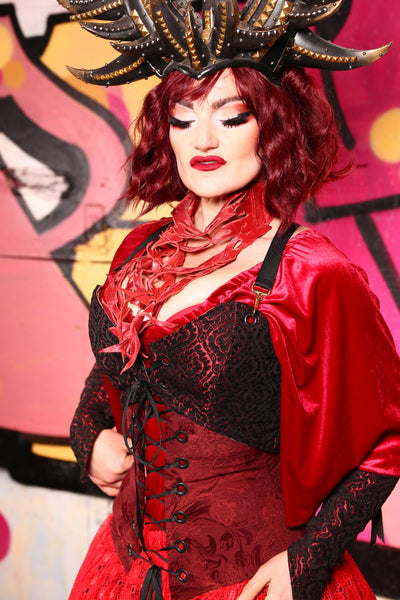 Cropped Overbust Base Corset in Crimson & Black Scroll Medallion -"The Raven & Ruby Collection" - #14