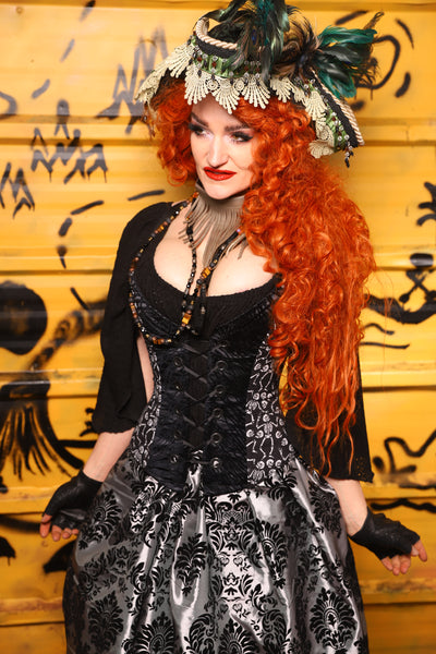 Petite Crossfire Corset in Black Tendrils w/ Front Panels in Skeletons - The Parlay and Promenade Collection