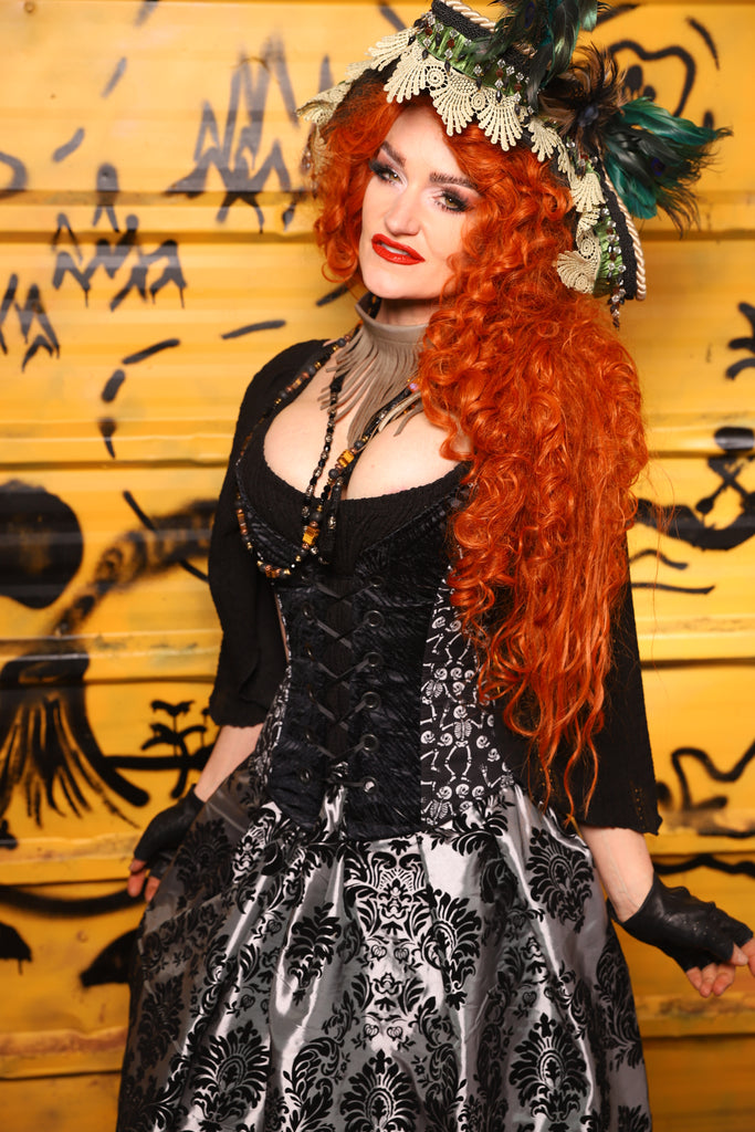 Petite Crossfire Corset in Black Tendrils w/ Front Panels in Skeletons - The Parlay and Promenade Collection