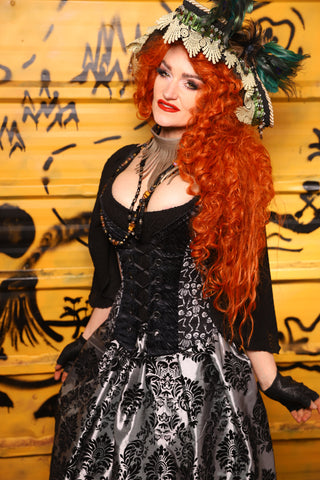 Petite Crossfire Corset in Black Tendrils w/ Front Panels in Skeletons - The Parlay and Promenade Collection