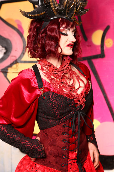 Cropped Overbust Base Corset in Crimson & Black Scroll Medallion -"The Raven & Ruby Collection" - #14