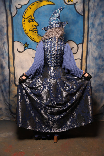 40. Split Front Skirt in Navy & Silver Medallion - The Sapphire Séance Collection