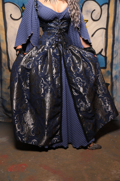 40. Split Front Skirt in Navy & Silver Medallion - The Sapphire Séance Collection
