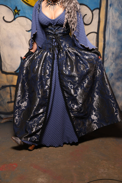 40. Split Front Skirt in Navy & Silver Medallion - The Sapphire Séance Collection