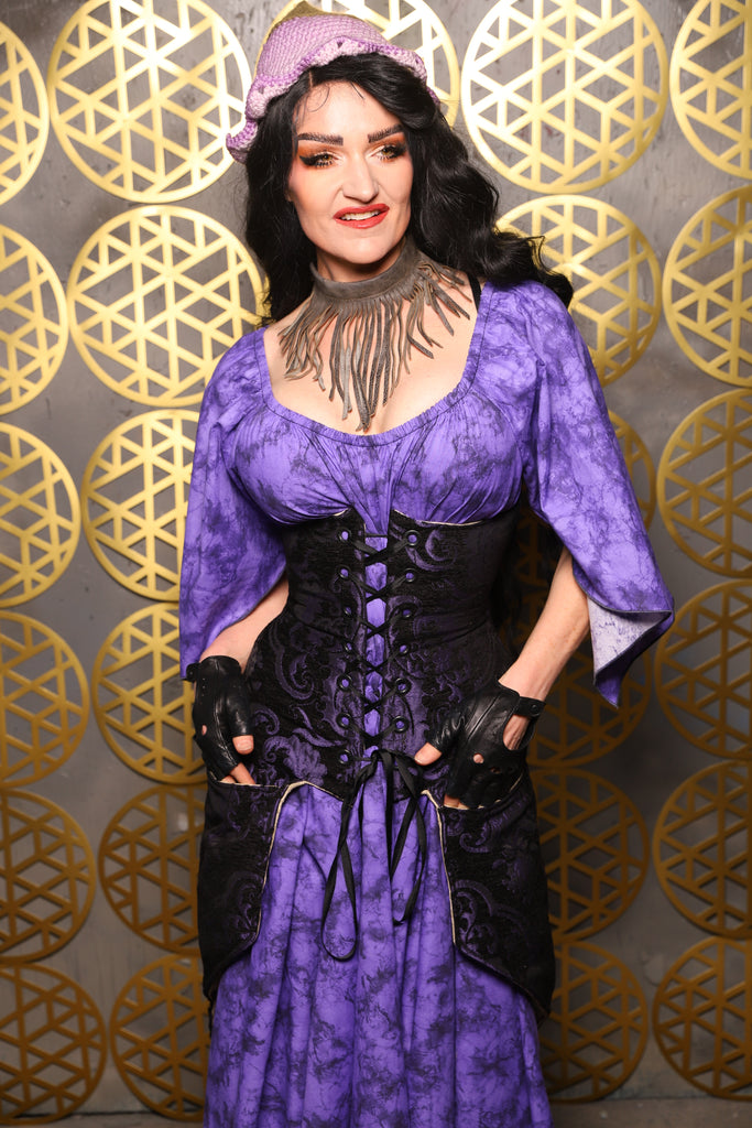 21. Siren Corset w/pockets in Black & Purple Medallion