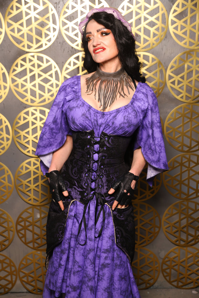 21. Siren Corset w/pockets in Black & Purple Medallion