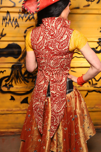 Tailed Cropped Overbust in Red & Cream Paisley Damask - THE SWASHBUCKLERS: PART 1