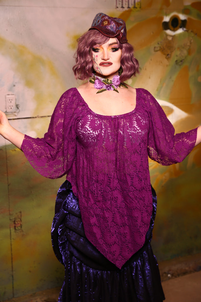 Charlotte Blouse with Leaf Sleeves in Violet Stretch Lace - The Mystic  Emporium Collection