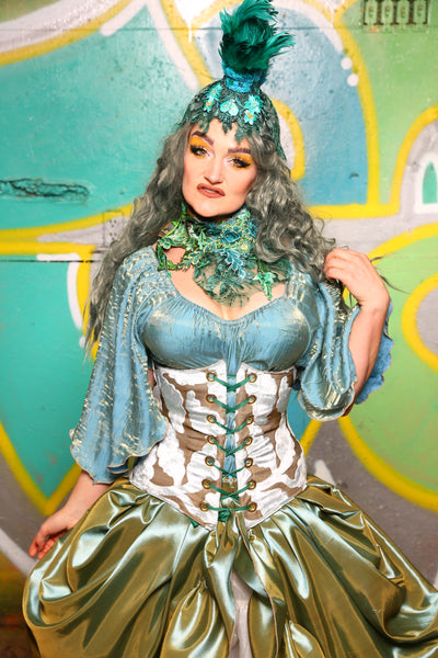 Wench Corset In Sky Blue Leaf #36 - "Neptune's Gemstones” Collection