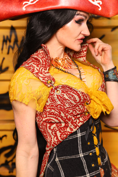 Tailed Cropped Overbust in Red & Cream Paisley Damask - THE SWASHBUCKLERS: PART 1