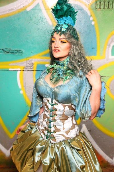 Wench Corset In Sky Blue Leaf #36 - "Neptune's Gemstones” Collection