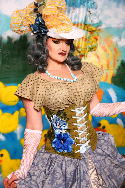 Wench Corset in Olive Green Dot w/ Blue Flower Applique - Quack & Splash Collection
