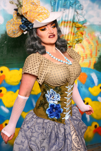 Wench Corset in Olive Green Dot w/ Blue Flower Applique - Quack & Splash Collection