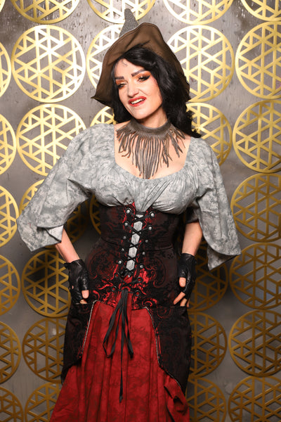 Siren Corset w/pockets in Crimson and Black Medallion - The “Pick Pocket Princess” Collection