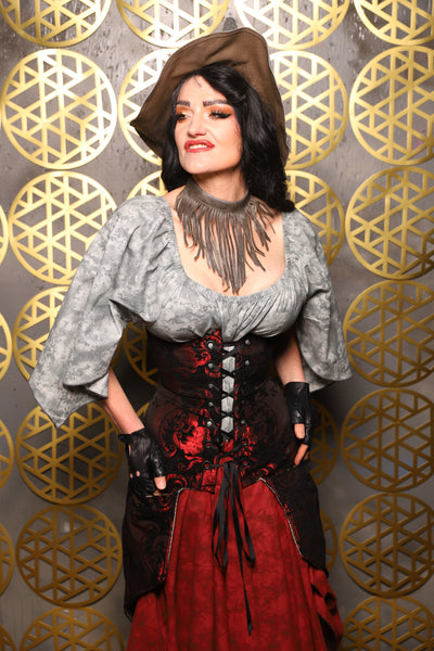 Siren Corset w/pockets in Crimson and Black Medallion - The “Pick Pocket Princess” Collection