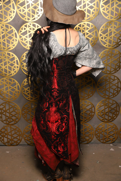 Siren Corset w/pockets in Crimson and Black Medallion - The “Pick Pocket Princess” Collection