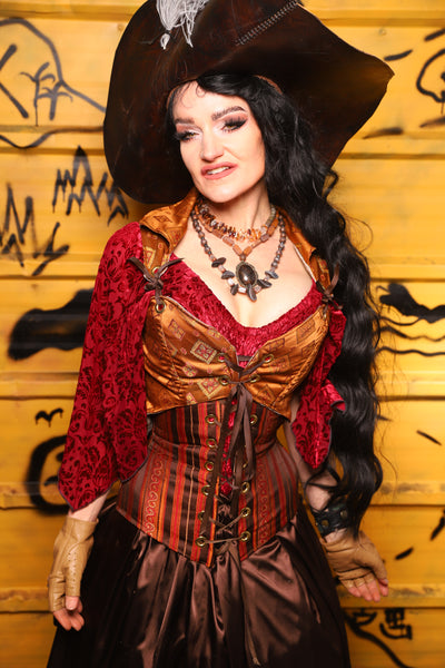 Classic blouse w/ leaf sleeves in Crimson Burnout Stretch Velvet Damask -  THE SWASHBUCKLERS: PART 1