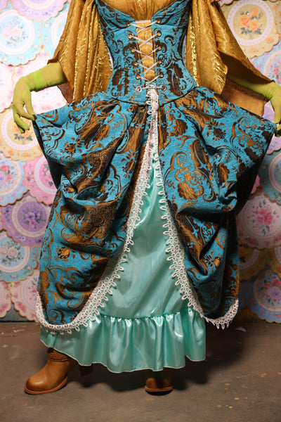 35. QUEENIE Skirt w/Lace Trim & Pocket *Sewn in Skirt Hikes* in Turquoise & Bronze Medallion - The Minerally Mine Collection
