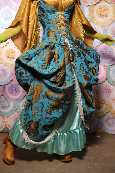 35. QUEENIE Skirt w/Lace Trim & Pocket *Sewn in Skirt Hikes* in Turquoise & Bronze Medallion - The Minerally Mine Collection