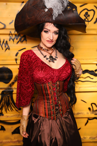 Classic blouse w/ leaf sleeves in Crimson Burnout Stretch Velvet Damask -  THE SWASHBUCKLERS: PART 1