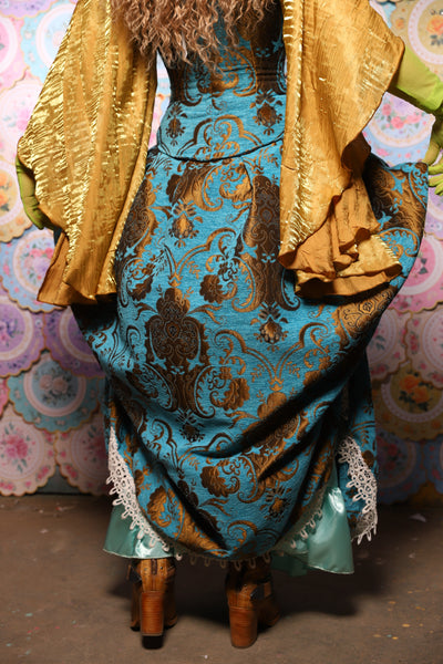 35. QUEENIE Skirt w/Lace Trim & Pocket *Sewn in Skirt Hikes* in Turquoise & Bronze Medallion - The Minerally Mine Collection