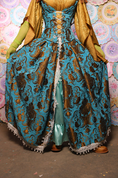 35. QUEENIE Skirt w/Lace Trim & Pocket *Sewn in Skirt Hikes* in Turquoise & Bronze Medallion - The Minerally Mine Collection