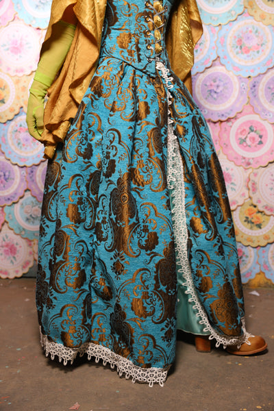 35. QUEENIE Skirt w/Lace Trim & Pocket *Sewn in Skirt Hikes* in Turquoise & Bronze Medallion - The Minerally Mine Collection