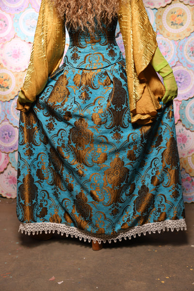 35. QUEENIE Skirt w/Lace Trim & Pocket *Sewn in Skirt Hikes* in Turquoise & Bronze Medallion - The Minerally Mine Collection
