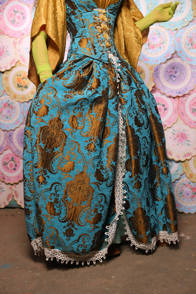 35. QUEENIE Skirt w/Lace Trim & Pocket *Sewn in Skirt Hikes* in Turquoise & Bronze Medallion - The Minerally Mine Collection
