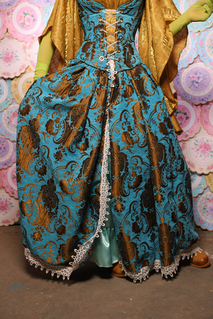 35. QUEENIE Skirt w/Lace Trim & Pocket *Sewn in Skirt Hikes* in Turquoise & Bronze Medallion - The Minerally Mine Collection