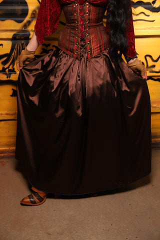 17. Tulip Skirt w/Peplum ruffle and pocket in Brown Satin -  THE SWASHBUCKLERS: PART 1