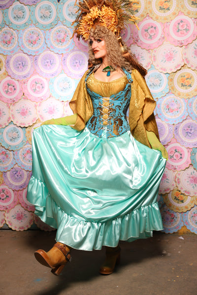41. Tulip Skirt w/ruffle in Tideglass Mint Shiny Satin  - The Minerally Mine Collection