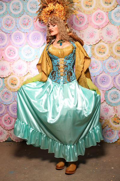 41. Tulip Skirt w/ruffle in Tideglass Mint Shiny Satin  - The Minerally Mine Collection