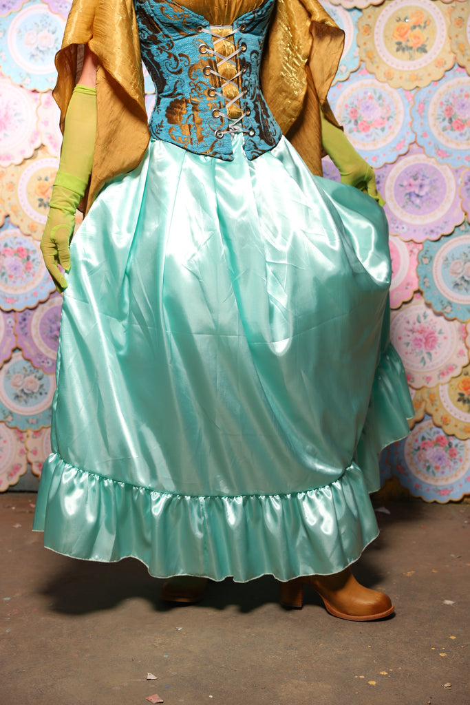41. Tulip Skirt w/ruffle in Tideglass Mint Shiny Satin  - The Minerally Mine Collection