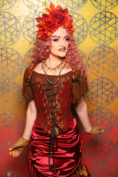 Elizabeth Corset in  Red & Gold Vine -  Bonfires, Blessings, and Blooms Collection
