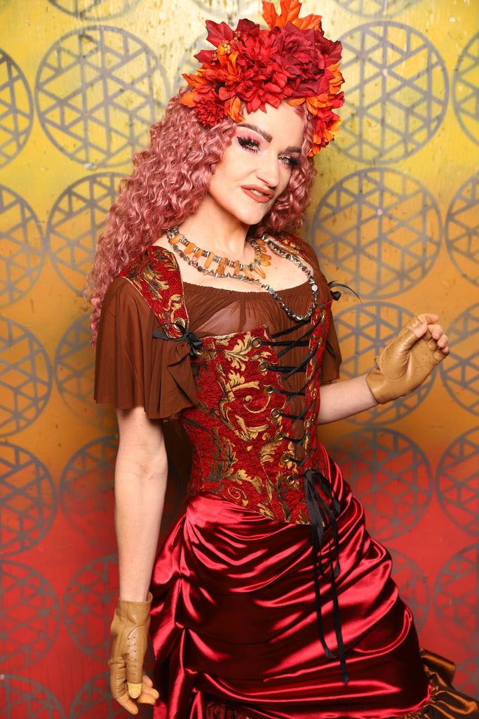 22. Elizabeth Corset in Red & Gold Vine - Bonfires, Blessings, and Blo Damsel in this Dress Corsets 22. Elizabeth Corset in Red & Gold Vine - Bonfires, Blessings, and Blo Damsel in this Dress Corsets