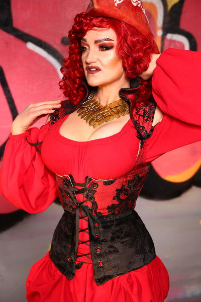 Cropped Fae Corset w/ Sorceress Straps in Red & Black Grace Chenille #6 - The Ruby Gloom Collection