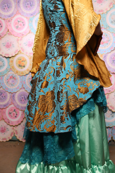 11. Deluxe 2-Tier Peplum Ruffle in Turquoise & Bronze Medallion with Teal Lace - The Minerally Mine Collection