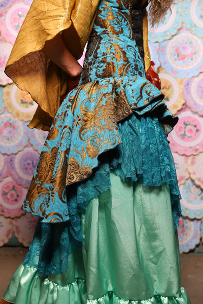 11. Deluxe 2-Tier Peplum Ruffle in Turquoise & Bronze Medallion with Teal Lace - The Minerally Mine Collection