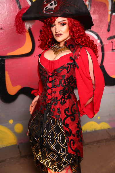 Knee-Length Tailed Pirate Coat Corset in Red & Black Grace Chenille #17 - The Ruby Gloom Collection