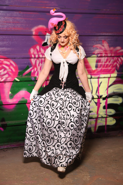 Tulip Skirt in Shimmer White & Black Flocked Swirl Taffeta - The Dragon Fruit Diva Collection
