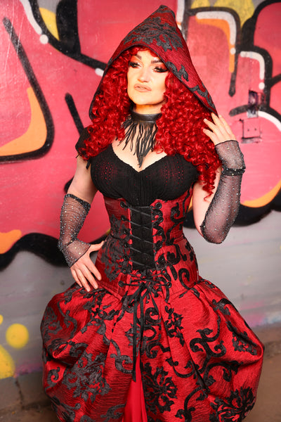 Hooded Vixen Corset in Red & Black Grace Chenille #15 - The Ruby Gloom Collection