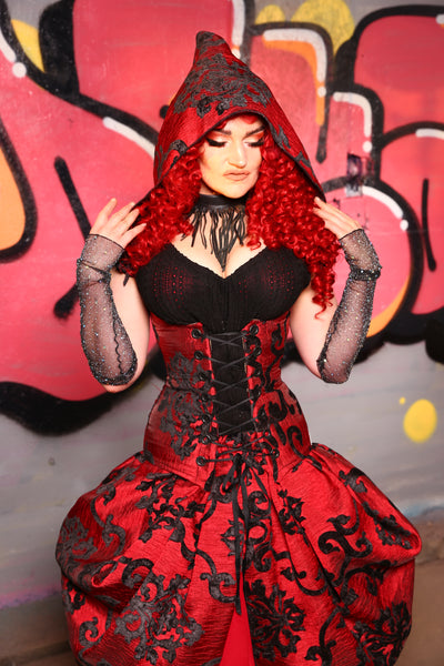 Hooded Vixen Corset in Red & Black Grace Chenille #15 - The Ruby Gloom Collection