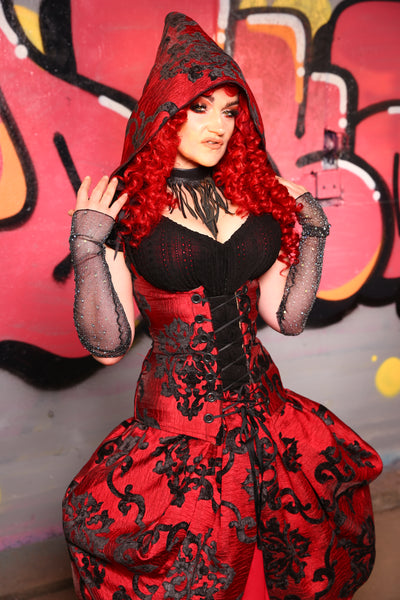 Hooded Vixen Corset in Red & Black Grace Chenille #15 - The Ruby Gloom Collection