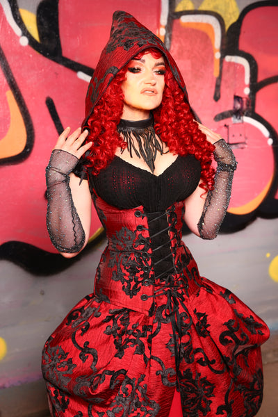 Hooded Vixen Corset in Red & Black Grace Chenille #15 - The Ruby Gloom Collection