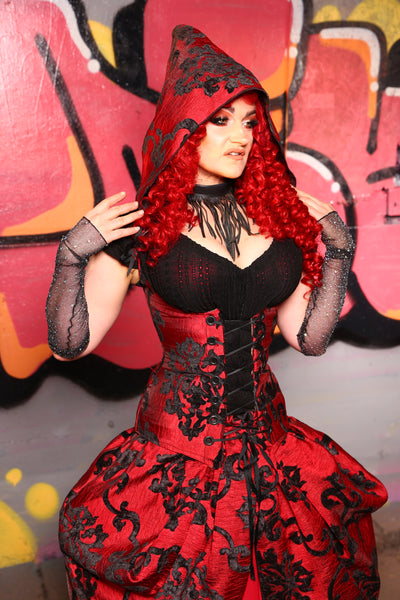 Hooded Vixen Corset in Red & Black Grace Chenille #15 - The Ruby Gloom Collection